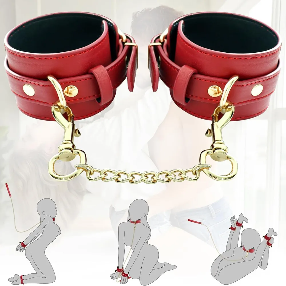 Red Leather BDSM Slave Restraint Kit - Adjustable Hand/Ankle Cuffs, Collar with Leash & Whip - Couples SM Role-Play Bondage Set 13 1117258073