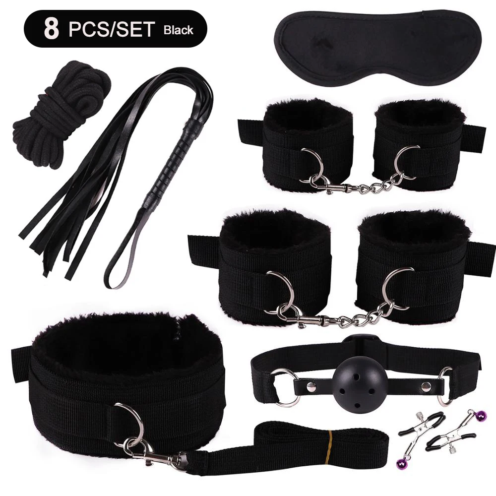 8-Piece Pink BDSM Bondage Kit - Fluffy Cuffs, Blindfold, Ball Gag, Whip & Rope - Beginner Couples Restraint Set 20 1242810469