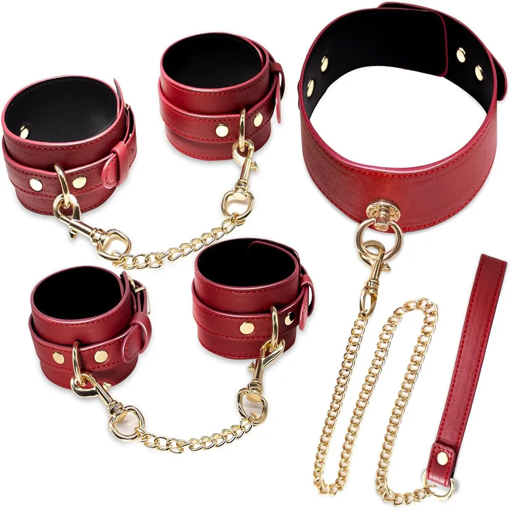Red Leather BDSM Slave Restraint Kit - Adjustable Hand/Ankle Cuffs, Collar with Leash & Whip - Couples SM Role-Play Bondage Set 10 1394021618