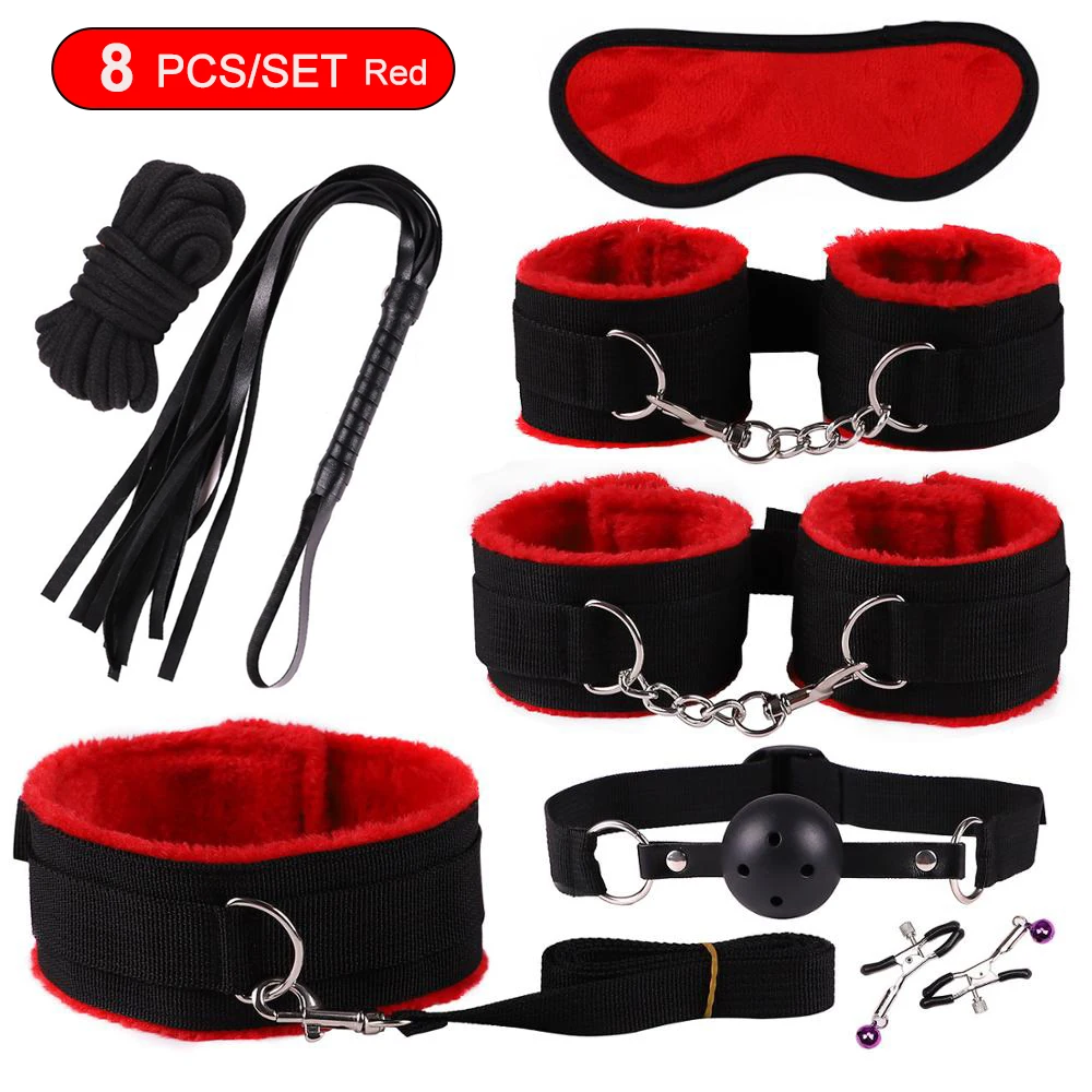 8-Piece Pink BDSM Bondage Kit - Fluffy Cuffs, Blindfold, Ball Gag, Whip & Rope - Beginner Couples Restraint Set 17 1647698605