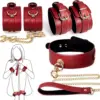 Red Leather BDSM Slave Restraint Kit - Adjustable Hand/Ankle Cuffs, Collar with Leash & Whip - Couples SM Role-Play Bondage Set 1