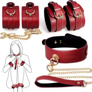 Red Leather BDSM Slave Restraint Kit - Adjustable Hand/Ankle Cuffs, Collar with Leash & Whip - Couples SM Role-Play Bondage Set 1