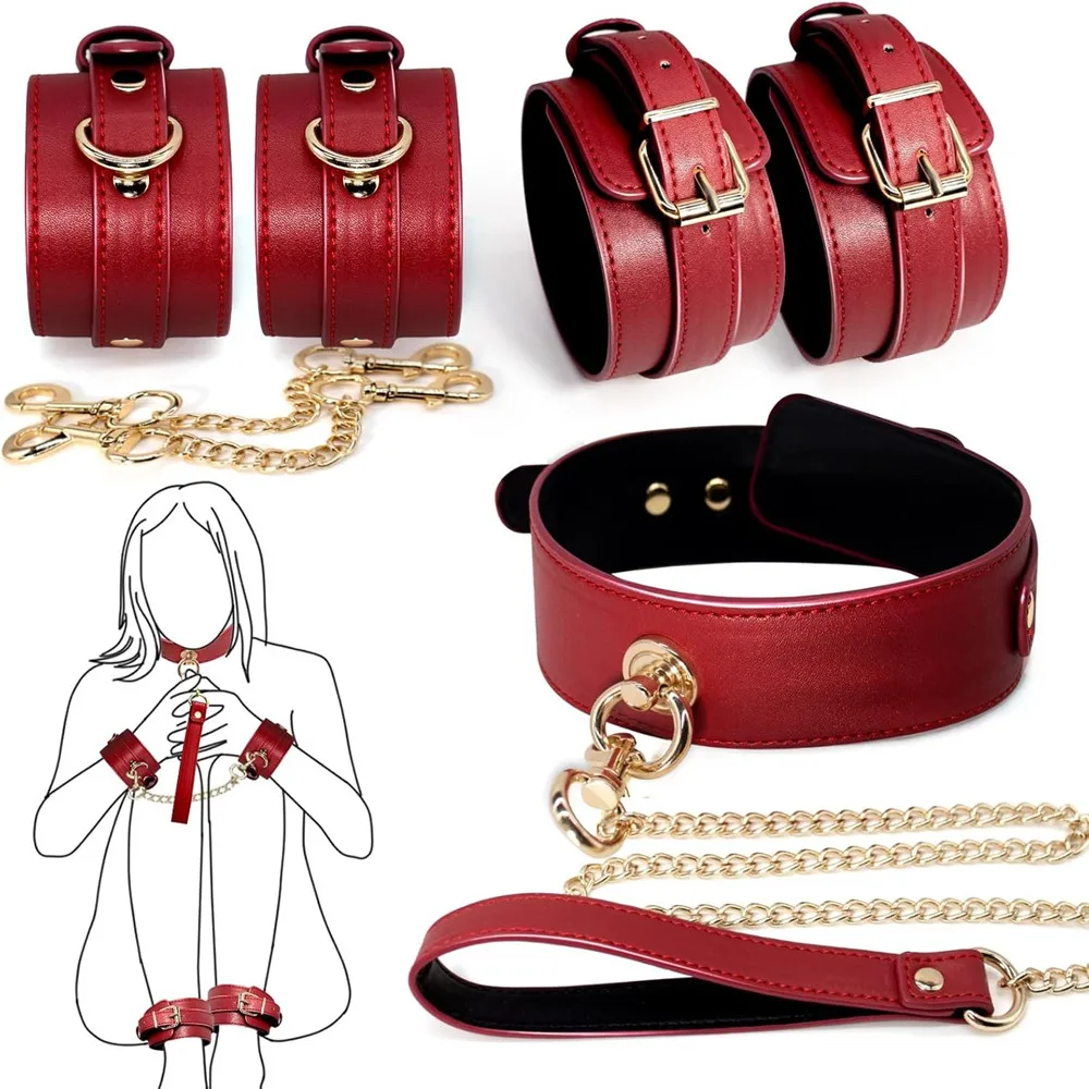 Red Leather BDSM Slave Restraint Kit - Adjustable Hand/Ankle Cuffs, Collar with Leash & Whip - Couples SM Role-Play Bondage Set 9 3336074989