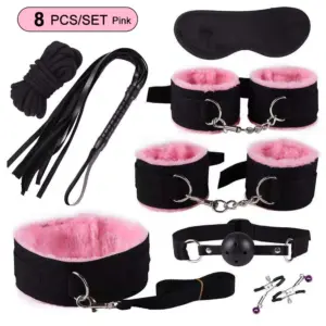 8-Piece Pink BDSM Bondage Kit - Fluffy Cuffs, Blindfold, Ball Gag, Whip & Rope - Beginner Couples Restraint Set 6