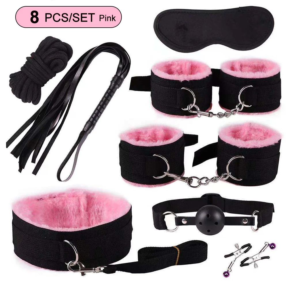 8-Piece Pink BDSM Bondage Kit - Fluffy Cuffs, Blindfold, Ball Gag, Whip & Rope - Beginner Couples Restraint Set 6 8-Piece Pink BDSM Bondage Kit - Fluffy Cuffs, Blindfold, Ball Gag, Whip & Rope - Beginner Couples Restraint Set 6