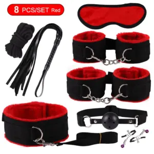 8-Piece Pink BDSM Bondage Kit - Fluffy Cuffs, Blindfold, Ball Gag, Whip & Rope - Beginner Couples Restraint Set 4