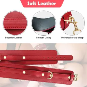Red Leather BDSM Slave Restraint Kit - Adjustable Hand/Ankle Cuffs, Collar with Leash & Whip - Couples SM Role-Play Bondage Set 6