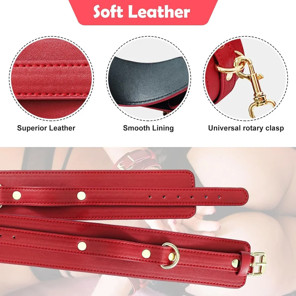 Red Leather BDSM Slave Restraint Kit - Adjustable Hand/Ankle Cuffs, Collar with Leash & Whip - Couples SM Role-Play Bondage Set 14 3710136688