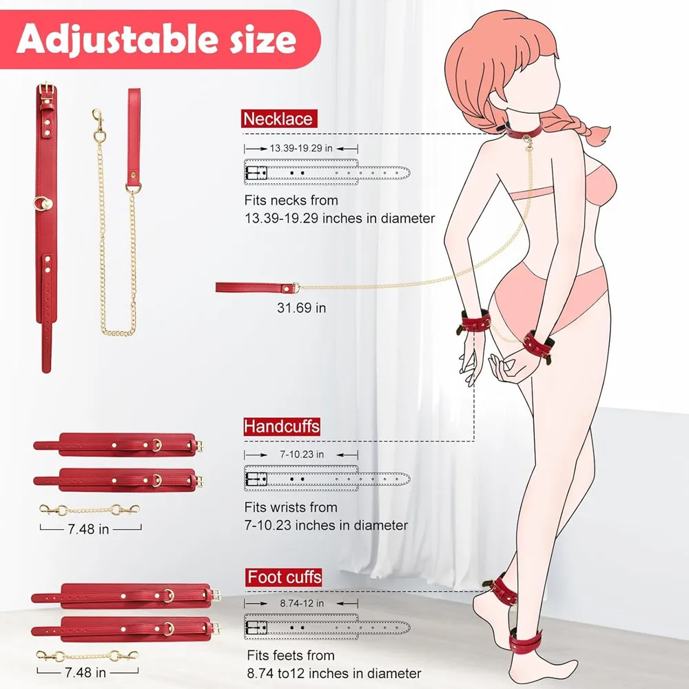 Red Leather BDSM Slave Restraint Kit - Adjustable Hand/Ankle Cuffs, Collar with Leash & Whip - Couples SM Role-Play Bondage Set 11 407732540