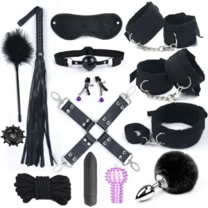 14/10/7-Piece BDSM Bondage Kit - Leather Cuffs, Collar, Gag, Whip, Tail Plug & Vibrator - Couples SM Role-Play Full Set 1