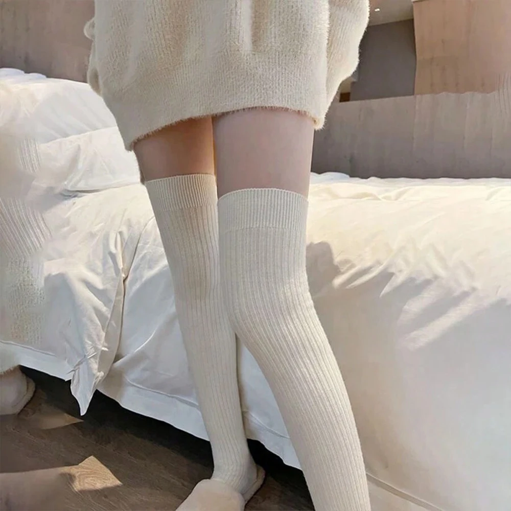 Classic Ribbed Over-the-Knee Stockings - 1/3/6 Pairs Solid Color Thigh-High Socks for Women (White/Black/Gray) 13 1005680758