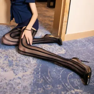 Y2K Punk Fishnet Thigh-High Stockings - Hollow Out Mesh Patterns with Lace Trim (Black/White Multi-Design) 2