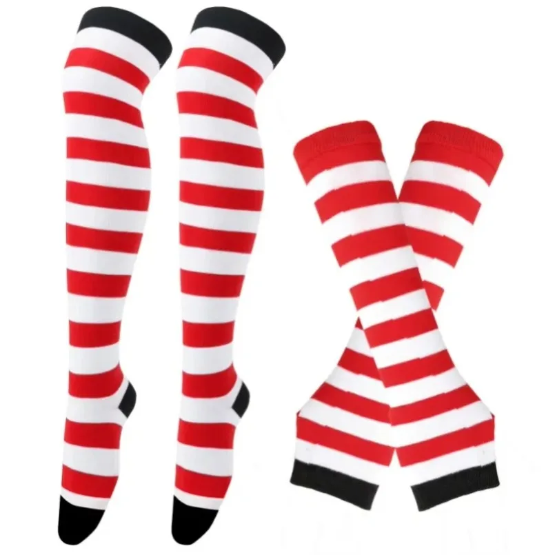 Striped Thigh High Socks & Arm Sleeves Set: Lolita Goth Cosplay Over-Knee Stockings with Fingerless Mittens 6 Striped Thigh High Socks & Arm Sleeves Set: Lolita Goth Cosplay Over-Knee Stockings with Fingerless Mittens 6
