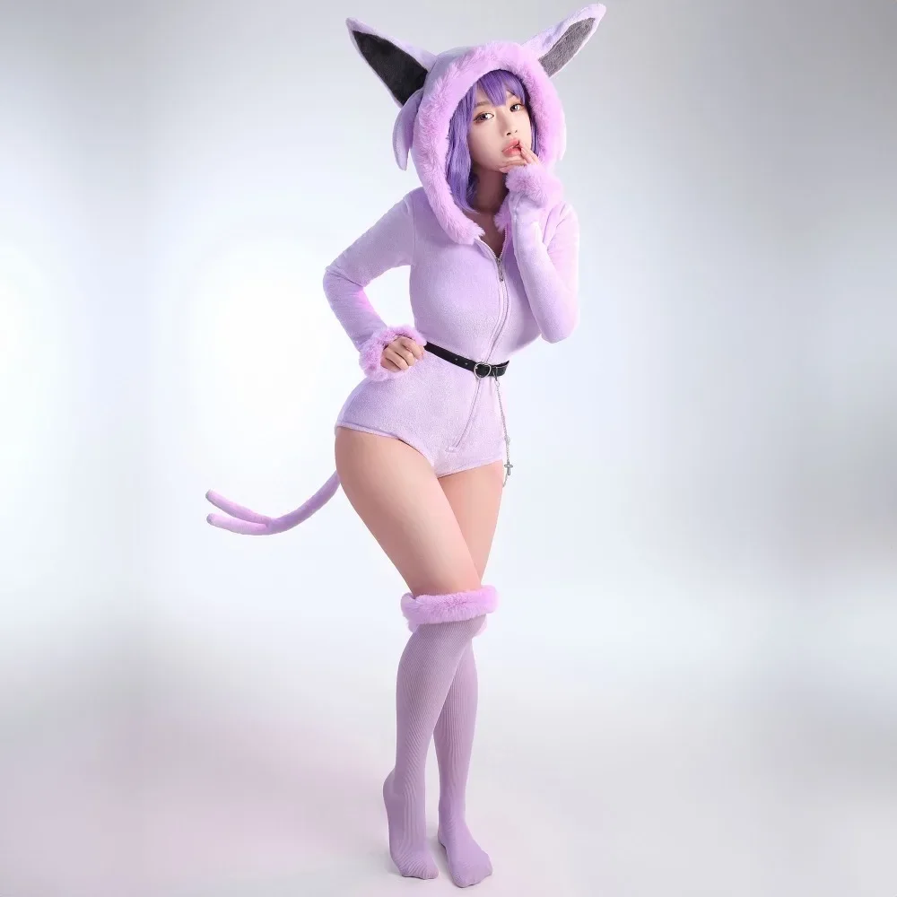 Mobbunny Espeon Inspired Hooded Plush Bodysuit Cosplay - Purple Fluffy Jumpsuit with Tail & Ears 3 Mobbunny Espeon Inspired Hooded Plush Bodysuit Cosplay - Purple Fluffy Jumpsuit with Tail & Ears 3