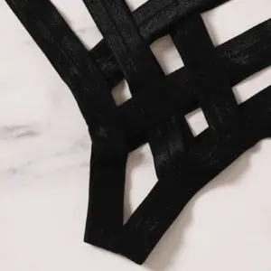 Amnesia Bondage Hollow-Out Strappy Lingerie Set - Black/Burgundy Cage Bralette & Thong - Extreme Sexy BDSM Erotic Underwear 4