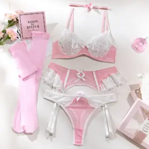 Sexy Lace Mesh Nurse Lingerie Set - Sweet Perspective Splicing Bra Garter Thong with Stockings 2