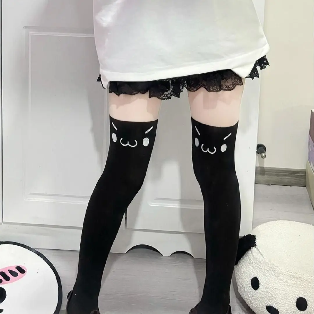 Kawaii Cat Expression Thigh-High Stockings - Cute Printed Over-Knee Socks (White/Black, Harajuku JK Style) 6 Kawaii Cat Expression Thigh-High Stockings - Cute Printed Over-Knee Socks (White/Black, Harajuku JK Style) 6