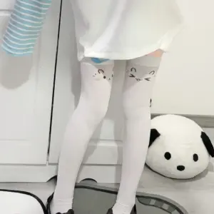 Kawaii Cat Expression Thigh-High Stockings - Cute Printed Over-Knee Socks (White/Black, Harajuku JK Style) 5