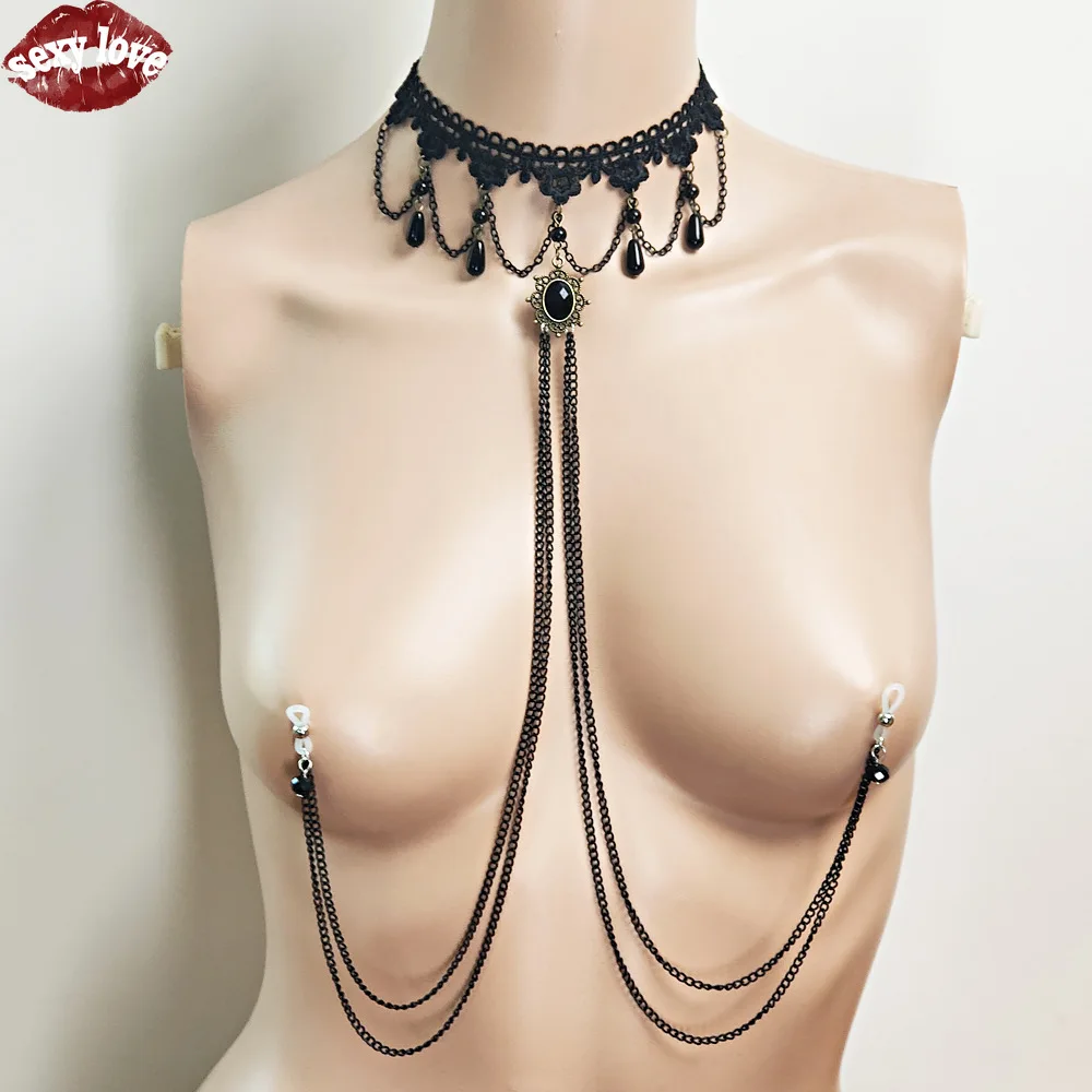 Lace Choker with Multi-Layer Breast Chain & Nipple Clamps – Black Gothic Palace Style Body Chain, Sexy Chest Harness Jewelry 11 1719399422