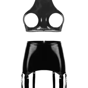 YZYif Patent Leather Open-Cup Garter Set - Glossy High-Neck Hollow Bra Top + Mini Skirt + Metal Garters - Black/Red Erotic BDSM Queen Lingerie 1