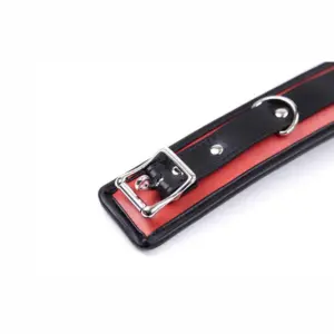 Red & Black Leather Bondage Collar – Thick Sponge Padding + Metal Chain Leash Ring, Light to Medium BDSM Restraint Collar 2