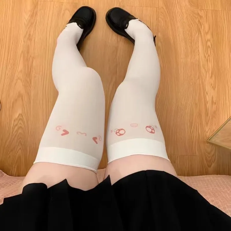 Kawaii Cat Expression Thigh-High Stockings - Cute Printed Over-Knee Socks (White/Black, Harajuku JK Style) 2 Kawaii Cat Expression Thigh-High Stockings - Cute Printed Over-Knee Socks (White/Black, Harajuku JK Style) 2