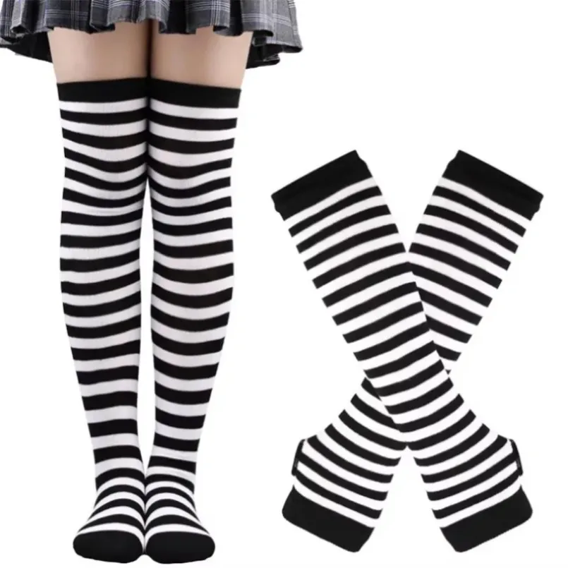 Striped Thigh High Socks & Arm Sleeves Set: Lolita Goth Cosplay Over-Knee Stockings with Fingerless Mittens 4 Striped Thigh High Socks & Arm Sleeves Set: Lolita Goth Cosplay Over-Knee Stockings with Fingerless Mittens 4