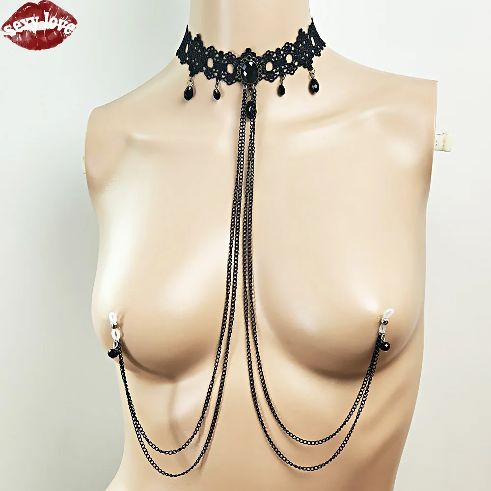 Lace Choker with Multi-Layer Breast Chain & Nipple Clamps – Black Gothic Palace Style Body Chain, Sexy Chest Harness Jewelry 13 2044476026