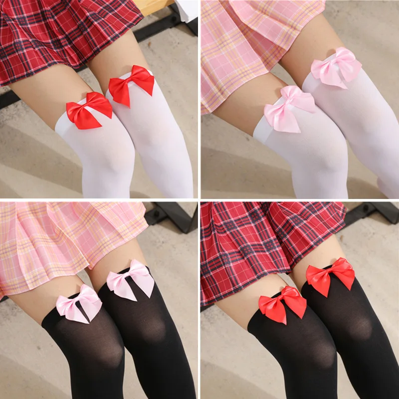 Pink Bow Stay-Up Thigh-High Stockings - Sweet Kawaii Sheer Silk Socks with Oversized Bows (White/Pink/Black) 3 Pink Bow Stay-Up Thigh-High Stockings - Sweet Kawaii Sheer Silk Socks with Oversized Bows (White/Pink/Black) 3