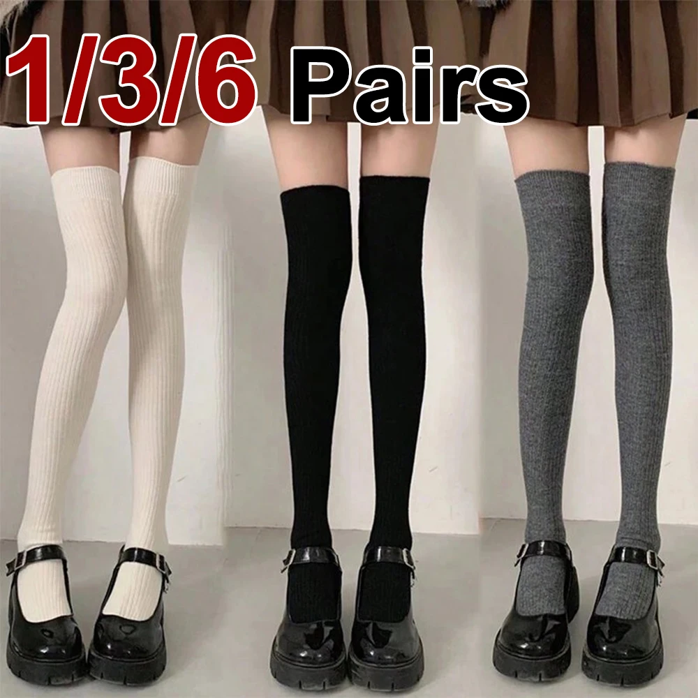 Classic Ribbed Over-the-Knee Stockings - 1/3/6 Pairs Solid Color Thigh-High Socks for Women (White/Black/Gray) 1 Classic Ribbed Over-the-Knee Stockings - 1/3/6 Pairs Solid Color Thigh-High Socks for Women (White/Black/Gray) 1
