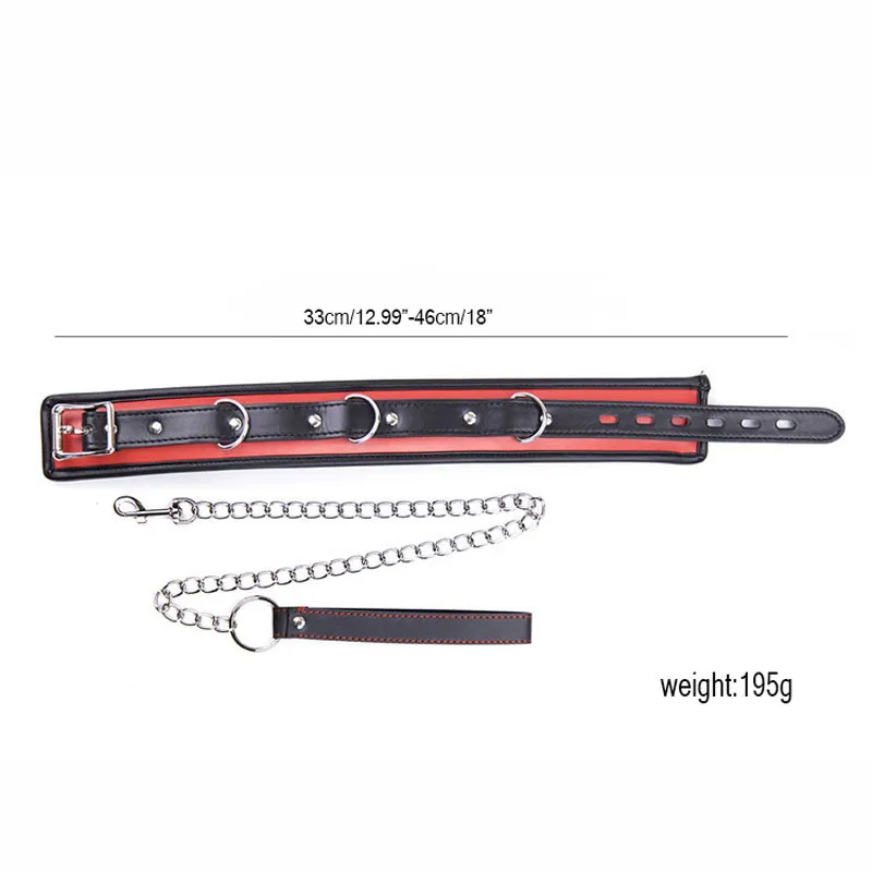 Red & Black Leather Bondage Collar – Thick Sponge Padding + Metal Chain Leash Ring, Light to Medium BDSM Restraint Collar 14 2119644131