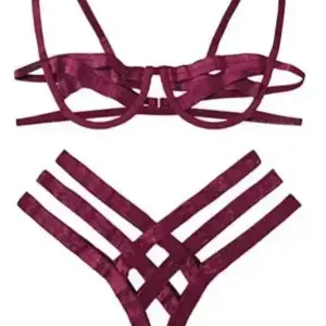 Amnesia Bondage Hollow-Out Strappy Lingerie Set - Black/Burgundy Cage Bralette & Thong - Extreme Sexy BDSM Erotic Underwear 5