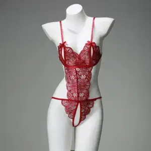 Lace Hollow Bodysuit - Deep V Bow Sling Sheer Erotic Nightwear 3