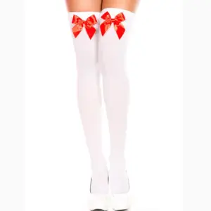 Pink Bow Stay-Up Thigh-High Stockings - Sweet Kawaii Sheer Silk Socks with Oversized Bows (White/Pink/Black) 4