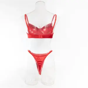 Solid Satin Sexy Lingerie Set - Navy/Red Ultra-Thin Seamless Bra & Thong - Romantic Glossy Erotic 2-Piece Underwear 5