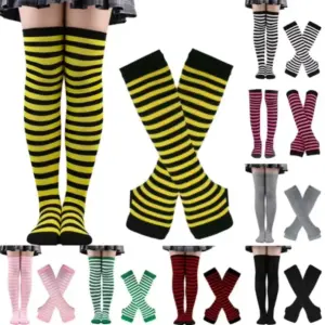 Striped Thigh High Socks & Arm Sleeves Set: Lolita Goth Cosplay Over-Knee Stockings with Fingerless Mittens 5