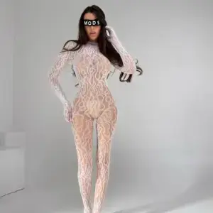 White Lace Sheer Bodystocking - Sexy Long Sleeve Hollow Out Erotic Bodysuit 4