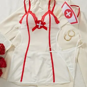 Sexy Sheer Mesh Naughty Nurse Lingerie - White Red Cami Mini Dress with Thong & Hat 5
