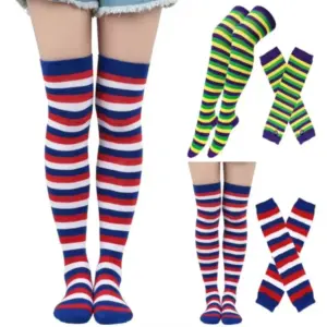 Striped Thigh High Socks & Arm Sleeves Set: Lolita Goth Cosplay Over-Knee Stockings with Fingerless Mittens 3