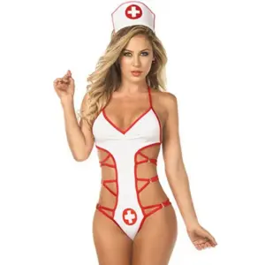 Sexy Nurse Lingerie Cosplay - White Red Teddy Babydoll Set with Nurse Hat & Garter Accents 4