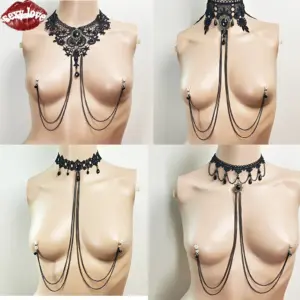 Lace Choker with Multi-Layer Breast Chain & Nipple Clamps – Black Gothic Palace Style Body Chain, Sexy Chest Harness Jewelry 1