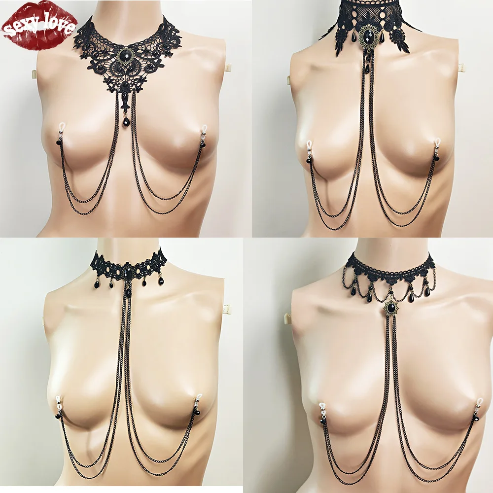 Lace Choker with Multi-Layer Breast Chain & Nipple Clamps – Black Gothic Palace Style Body Chain, Sexy Chest Harness Jewelry 10 2737705640
