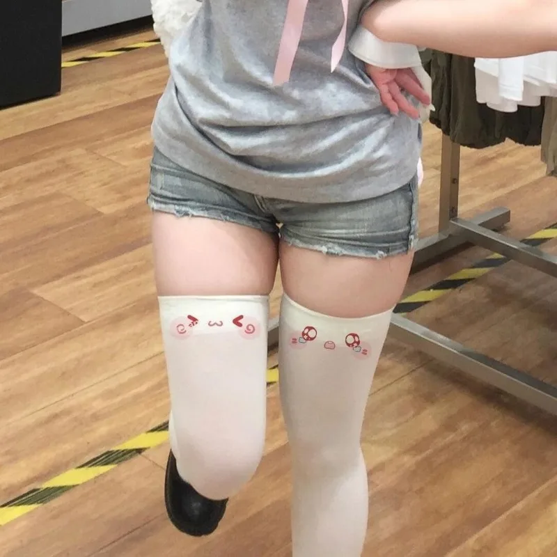 Kawaii Cat Expression Thigh-High Stockings - Cute Printed Over-Knee Socks (White/Black, Harajuku JK Style) 1 Kawaii Cat Expression Thigh-High Stockings - Cute Printed Over-Knee Socks (White/Black, Harajuku JK Style) 1