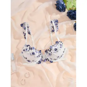 Floral Embroidery See-Through Lingerie Set - Blue-Purple Push-Up Bra & Thong - White Semi-Transparent Lace Luxury 2-Piece Exotic Underwear 4