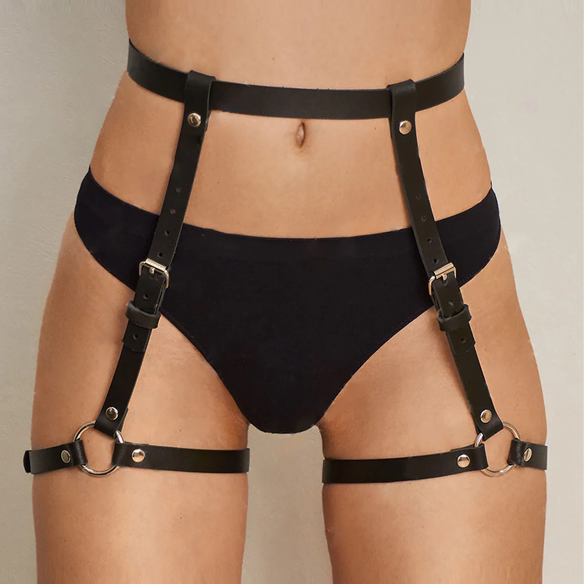 Leather Thigh & Hip Harness Garter Belt – Multi Metal Ring Cross Design, Sexy Leg & Butt Restraint, BDSM Erotic Thigh Accessory 22 2750022083