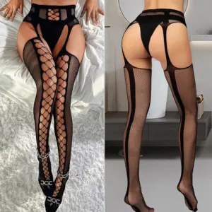 Crotchless Rhinestone Fishnet Bodystocking with Garter Suspenders - Sexy High-Waist Open Leg Tights (Black) 6