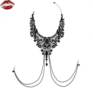 Lace Choker with Multi-Layer Breast Chain & Nipple Clamps – Black Gothic Palace Style Body Chain, Sexy Chest Harness Jewelry 6