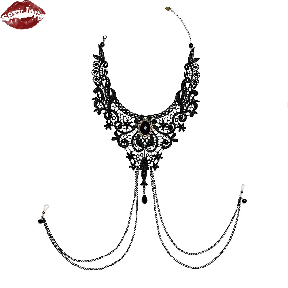 Lace Choker with Multi-Layer Breast Chain & Nipple Clamps – Black Gothic Palace Style Body Chain, Sexy Chest Harness Jewelry 14 2776217253