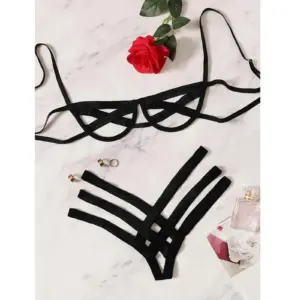 Amnesia Bondage Hollow-Out Strappy Lingerie Set - Black/Burgundy Cage Bralette & Thong - Extreme Sexy BDSM Erotic Underwear 1