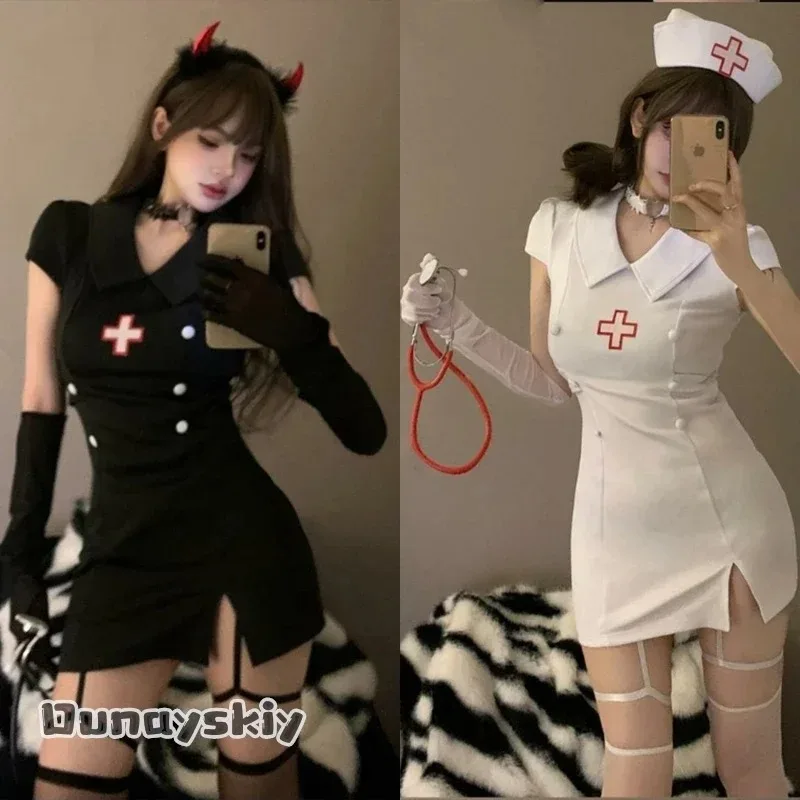Sexy Devil Nurse Cosplay Costume - Black White Dark Nurse Uniform with Horns, Hat & Gloves 1 Sexy Devil Nurse Cosplay Costume - Black White Dark Nurse Uniform with Horns, Hat & Gloves 1